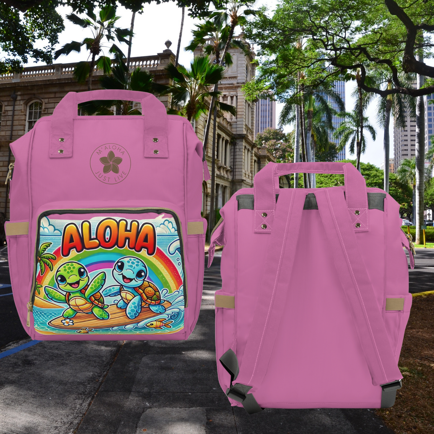 Surf Turtles - pink multifunctional Diaper Backpack